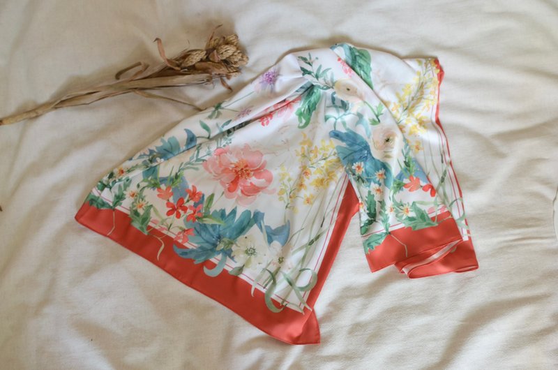 独立印花/ garden floral 红边手绘水彩风格丝巾 - 丝巾 - 聚酯纤维 红色