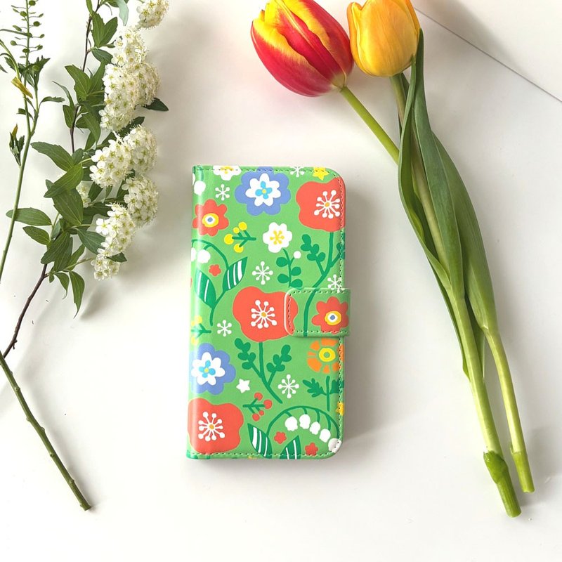 【手帐型スマホケース】Flowers - Lime Green - - 手机壳/手机套 - 人造皮革 多色