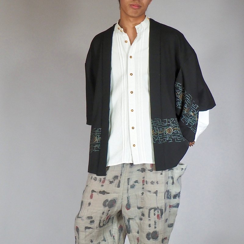 【日本制造】1980年代复古日式羽织、黑色羽织外套、吉祥图案 - 男装外套 - 丝．绢 黑色