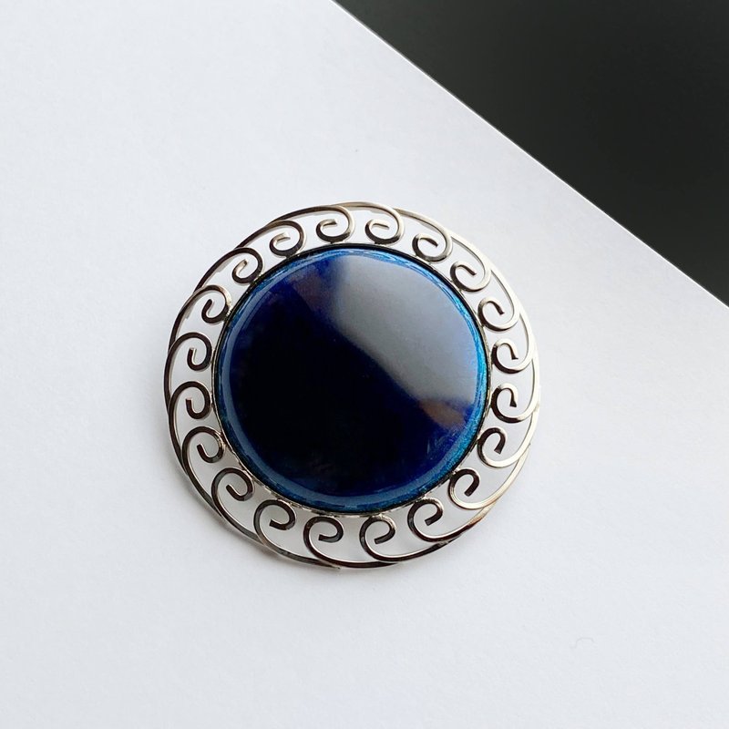 Watermark Arabesque [Dark Blue] Cloisonne Brooch, Pure Silver Cloisonne - 胸针 - 其他材质 蓝色
