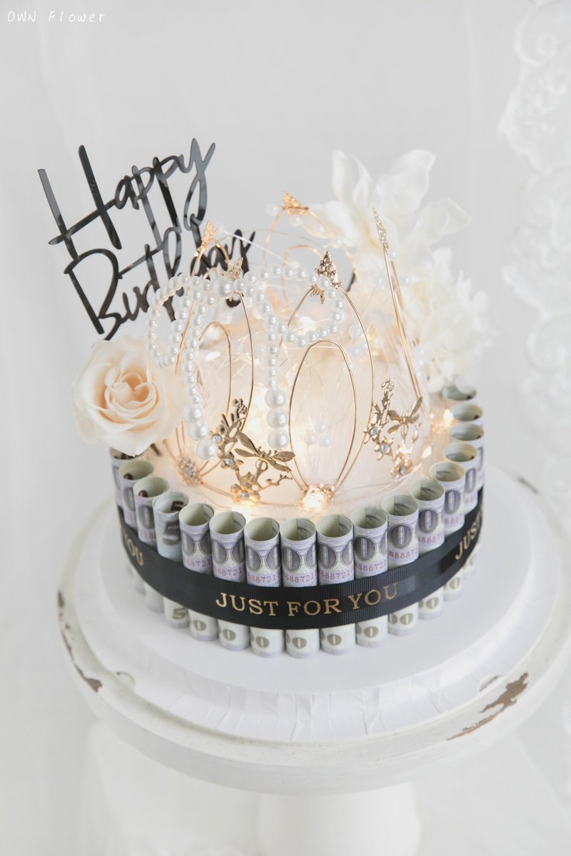 钞票蛋糕/有钱蛋糕花/钱花蛋糕/生日礼物/生日蛋糕/永生蛋糕礼盒 - 干燥花/捧花 - 植物．花 金色