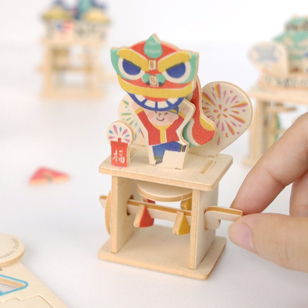 DIY模型玩具【木作小剧场-欢乐舞狮】交互式明信片 - 木工/竹艺/纸艺 - 木头 红色