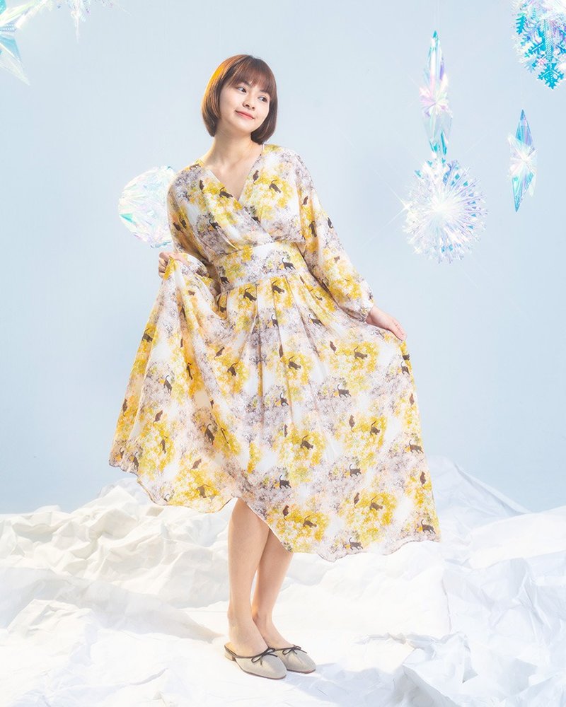 【波丽印花】薯条长裙 日本和服式洋装 京都平等院 纱纱布料 - 洋装/连衣裙 - 棉．麻 黄色