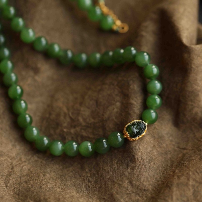 8mm和田玉 /和阗玉原矿菠菜绿碧玉.碧玺貔貅设计多圈手串项链 - 手链/手环 - 玉石 绿色