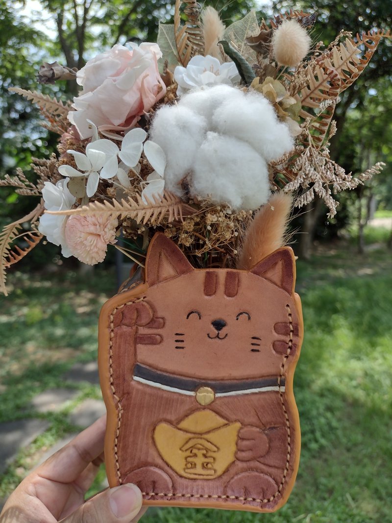 可爱微笑/招财猫咪 喵星人 纯牛皮 笔筒/盆器/存钱筒/置物盒 - 收纳用品 - 真皮 金色