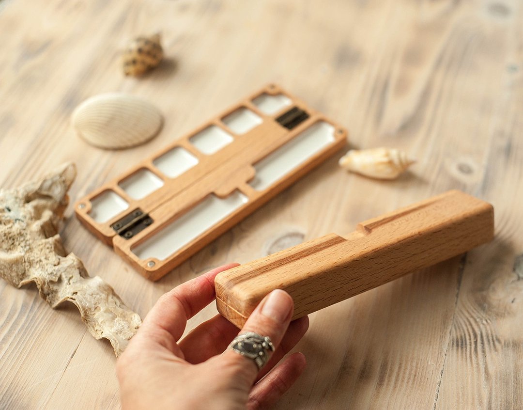 watercolor palette 6 wells, portable wooden palette, tiny palette - 手链/手环 - 木头 咖啡色