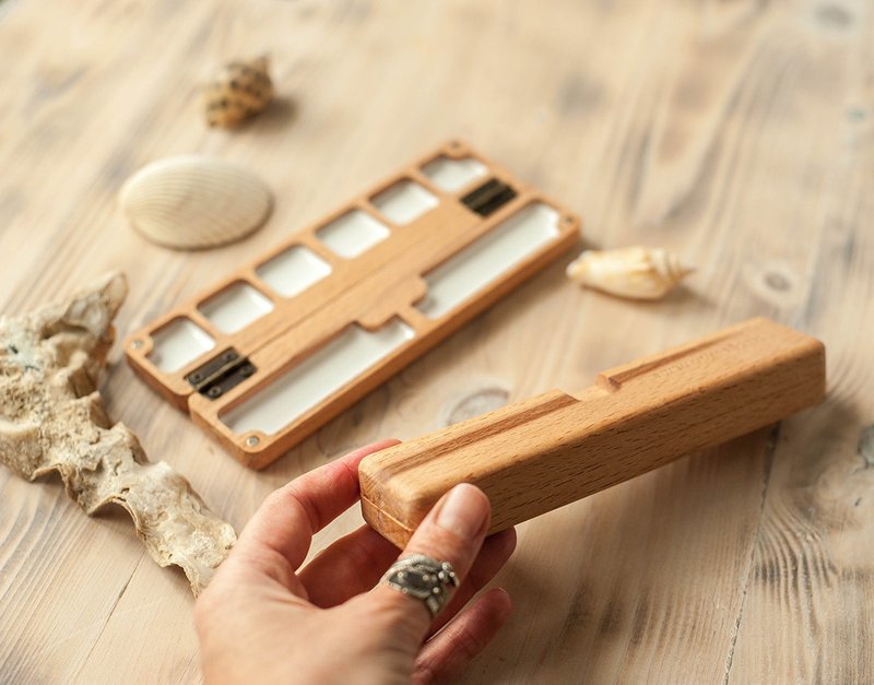 watercolor palette 6 wells, portable wooden palette, tiny palette - 手链/手环 - 木头 咖啡色