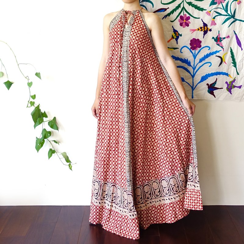 BajuTua /古着/ 曼陀罗 红格纹嬉皮骨董绕颈洋装 - 洋装/连衣裙 - 棉．麻 红色