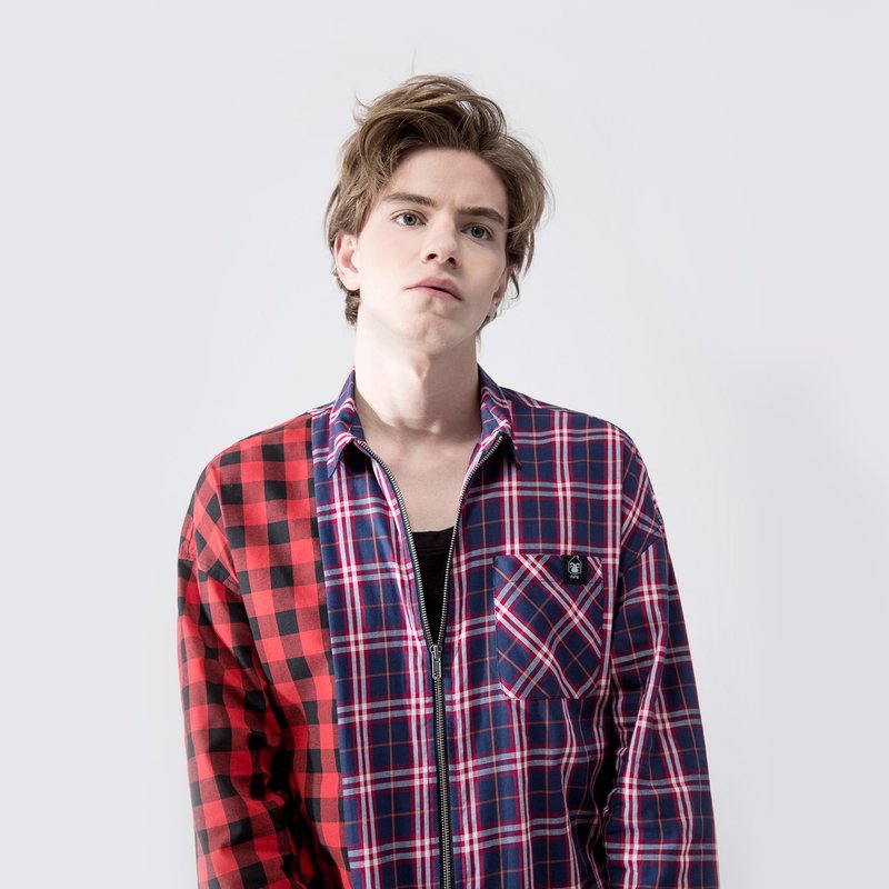 【中性款】 格纹拼接拉链长袖衬衫式外套 / 红+红蓝格 - 男装衬衫 - 棉．麻 蓝色