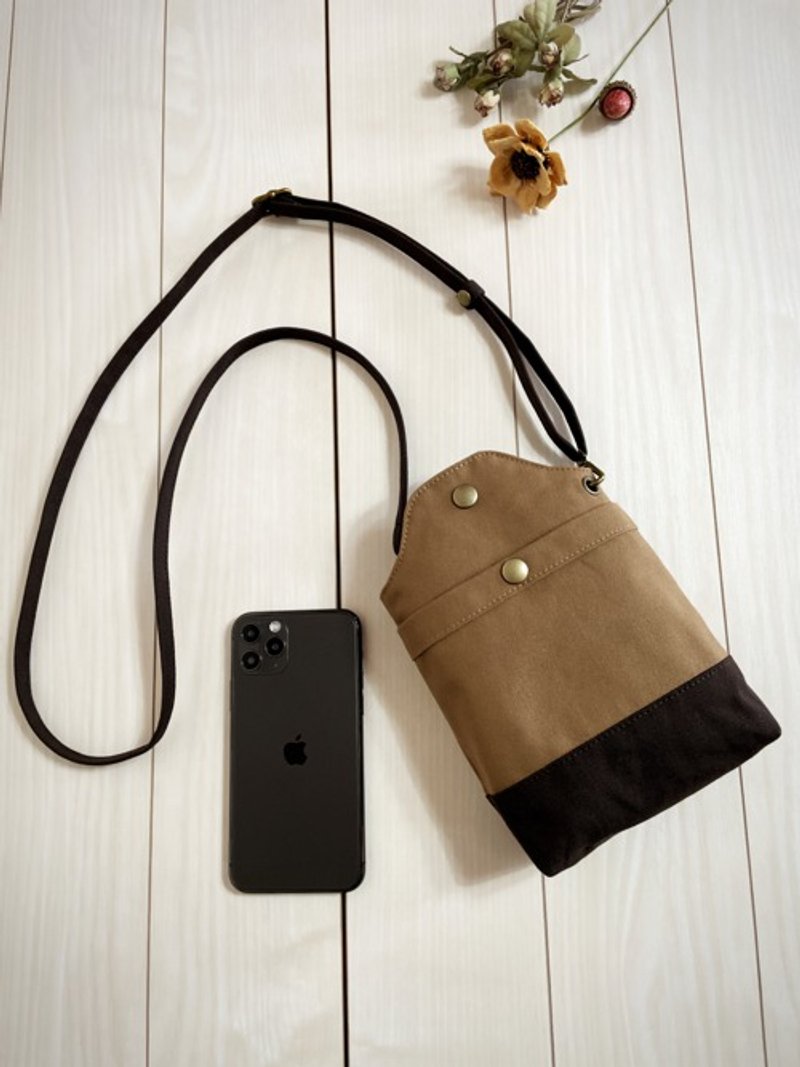 倉敷帆布　　バイカラー　スマホポシェット　スマホショルダー　スマホポーチ　　ブラウン×チョコレートブラウン - 侧背包/斜挎包 - 棉．麻 