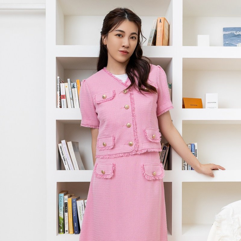 【MEDUSA】千鸟格毛边小香风外套-2色(M-XL) | 小香风短袖外套 - 女装西装外套/风衣 - 聚酯纤维 粉红色