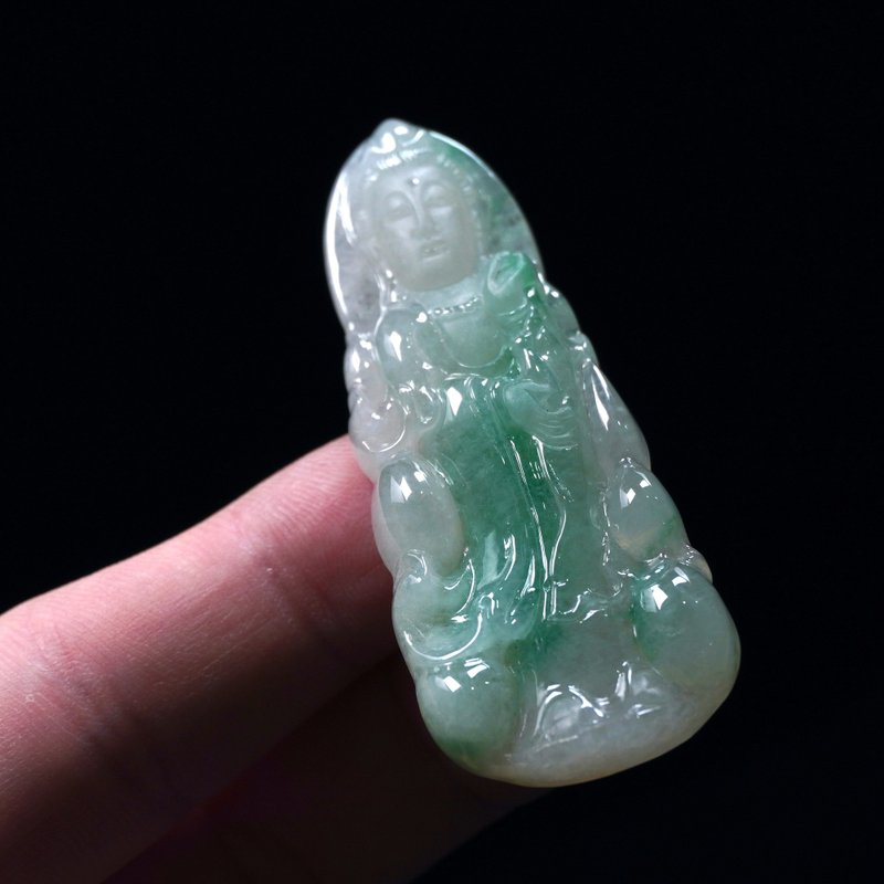 冰种飘阳绿翡翠宝瓶观音菩萨 | 裸石 | 天然缅甸玉翡翠A货 | 送礼 - 项链 - 玉石 绿色