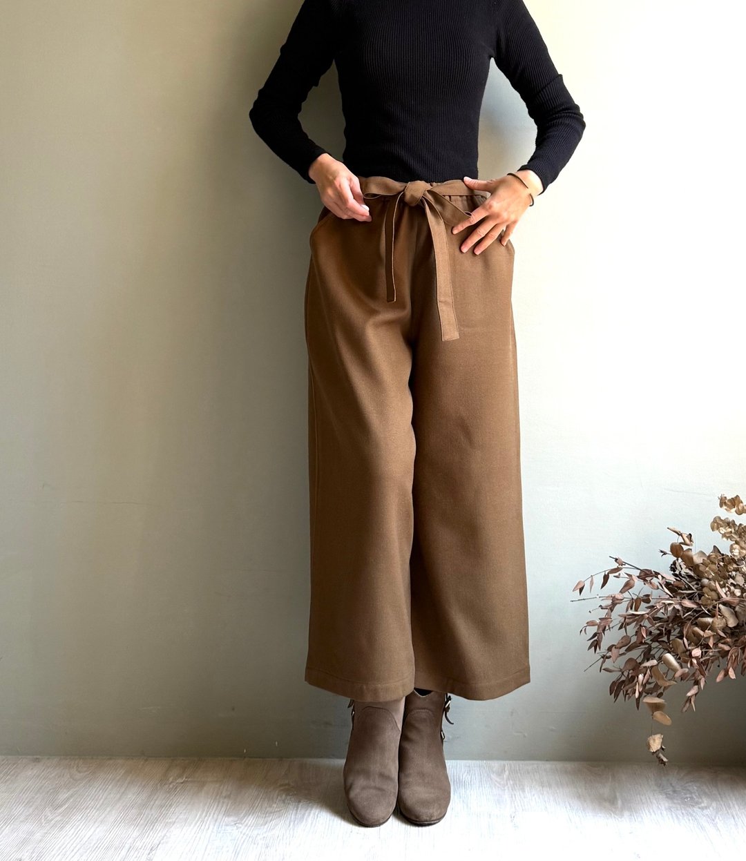 黄石公园/棕色轻毛料宽蝴蝶结绑带9分宽裤 - 女装长裤 - 羊毛 