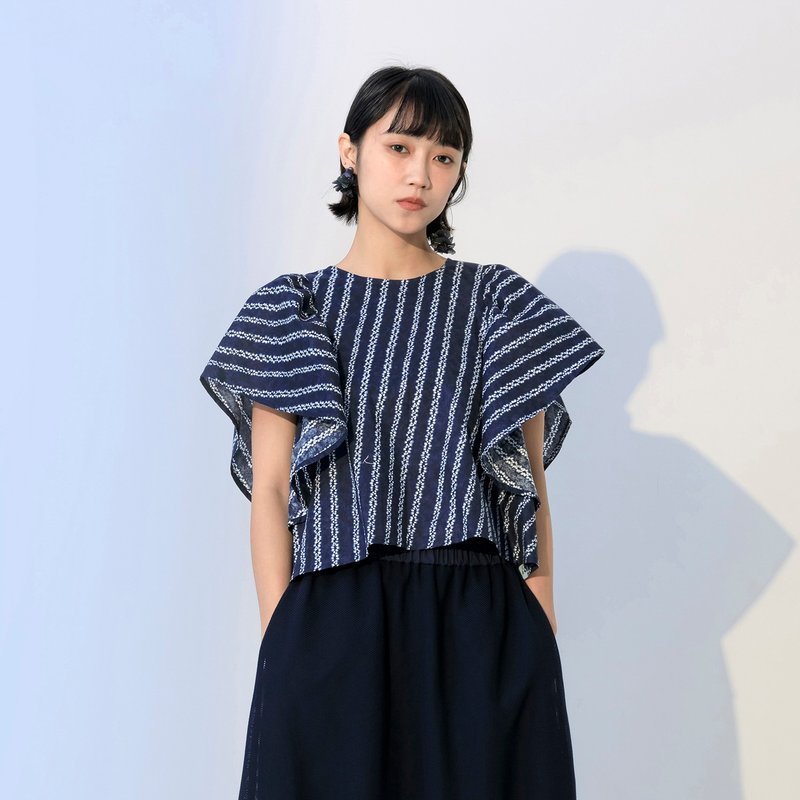 波浪荷叶袖印花上衣 - 女装上衣 - 棉．麻 蓝色