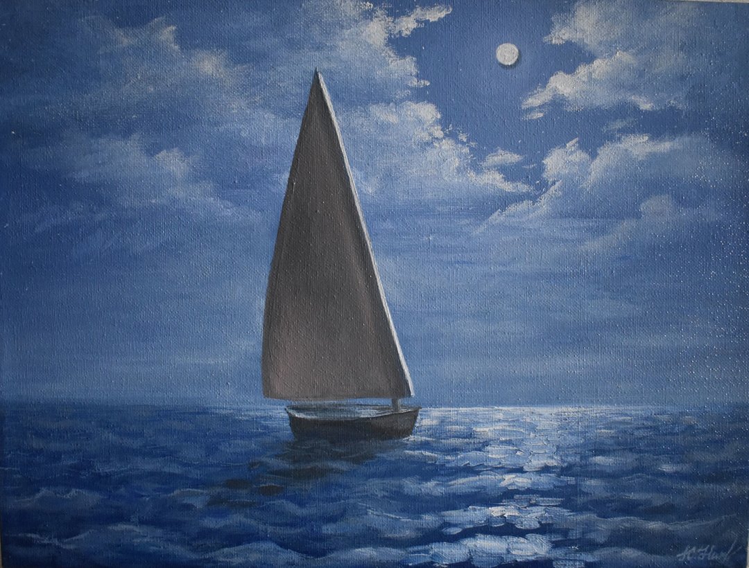 Sailboat Painting Seascape Canvas Oil Painting Moon Original Art Starry Night - 海报/装饰画/版画 - 其他材质 蓝色