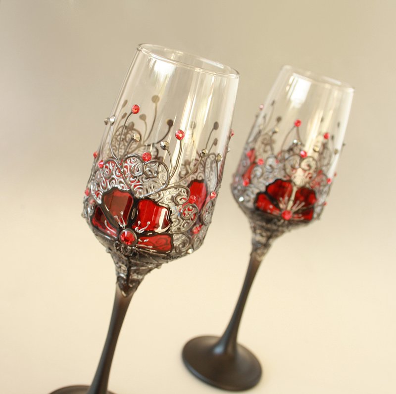 Red Black Wedding Champagne Wine Glasses Anniversary Ruby, Hand-painted set of 2 - 酒杯/酒器 - 玻璃 红色