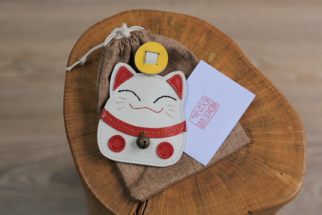 壹染指中号招财猫 | AirTag苹果定位追踪器保护套 | 感应门禁套 - 零钱包 - 真皮 