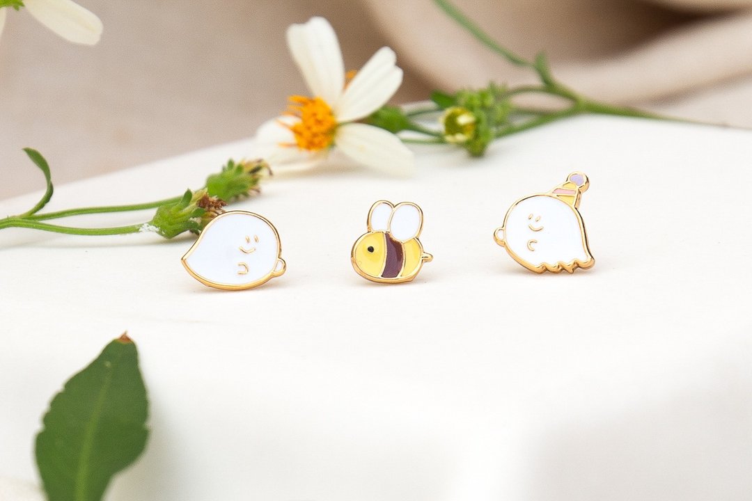 幽灵躲猫猫 Ghost Halloween 三件组 夹式耳环 低敏钢针 生日礼物 - 耳环/耳夹 - 珐琅 白色