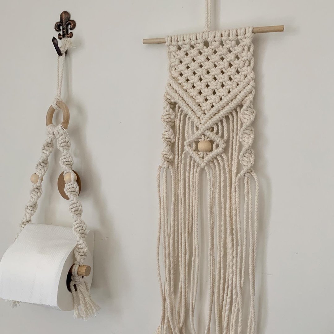 Macrame 编织 自然 原木头 珠珠 吊饰 中型挂饰 - 摆饰 - 棉 白色