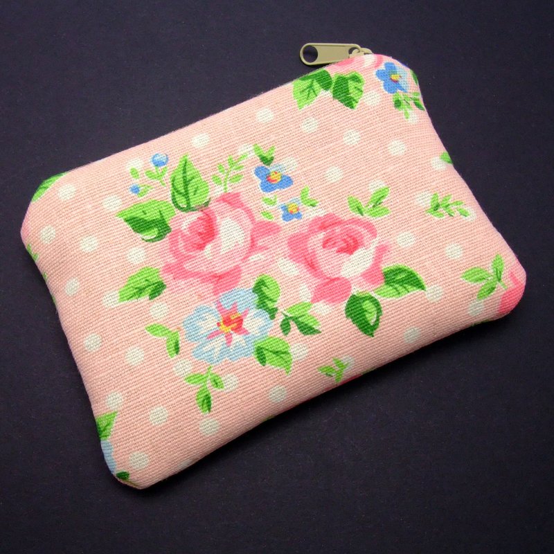 拉链零钱包/卡片包/钥匙包/耳机包/小物包 - 玫瑰花 (ZS-111) - 零钱包 - 棉．麻 粉红色