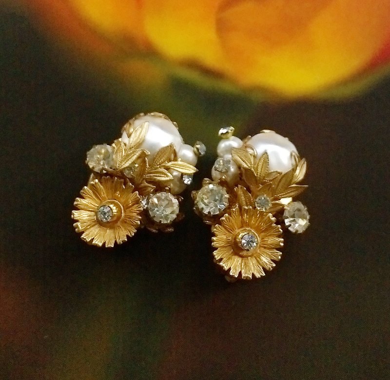 西洋古董饰品。华丽绝美 珠花 繁复 夹式耳环 - 耳环/耳夹 - 其他金属 金色