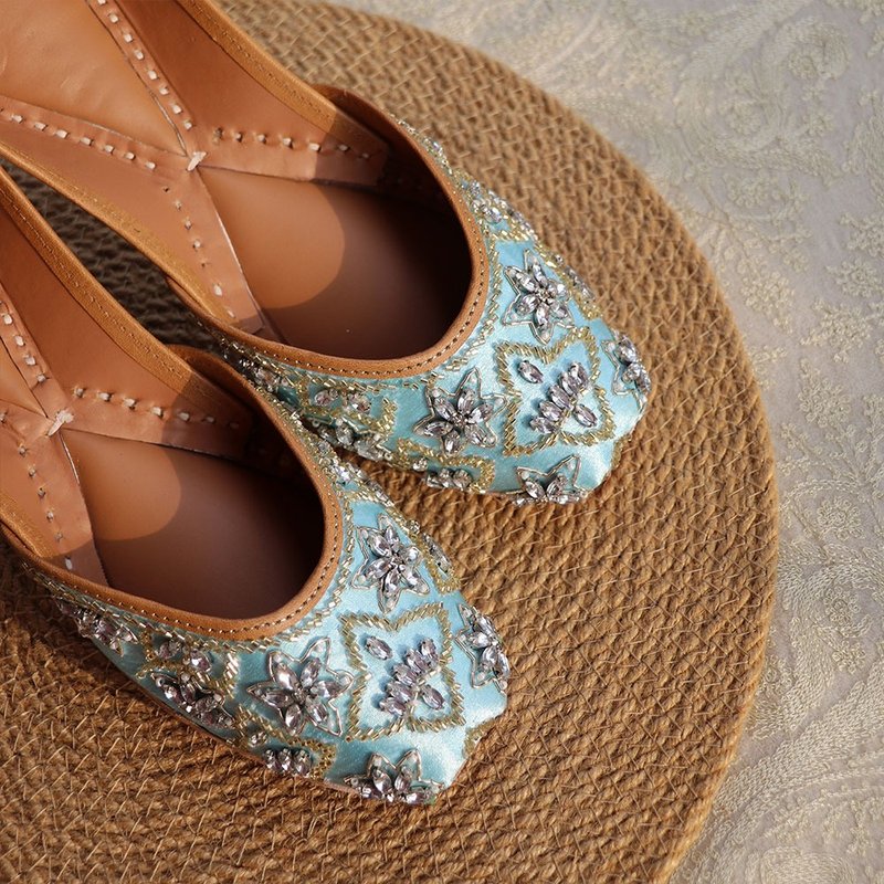 復古淺藍刺繡釘珠鞋 / 重工華麗貴婦風 / 印度手工鞋款 - 穆勒鞋 - 真皮 蓝色