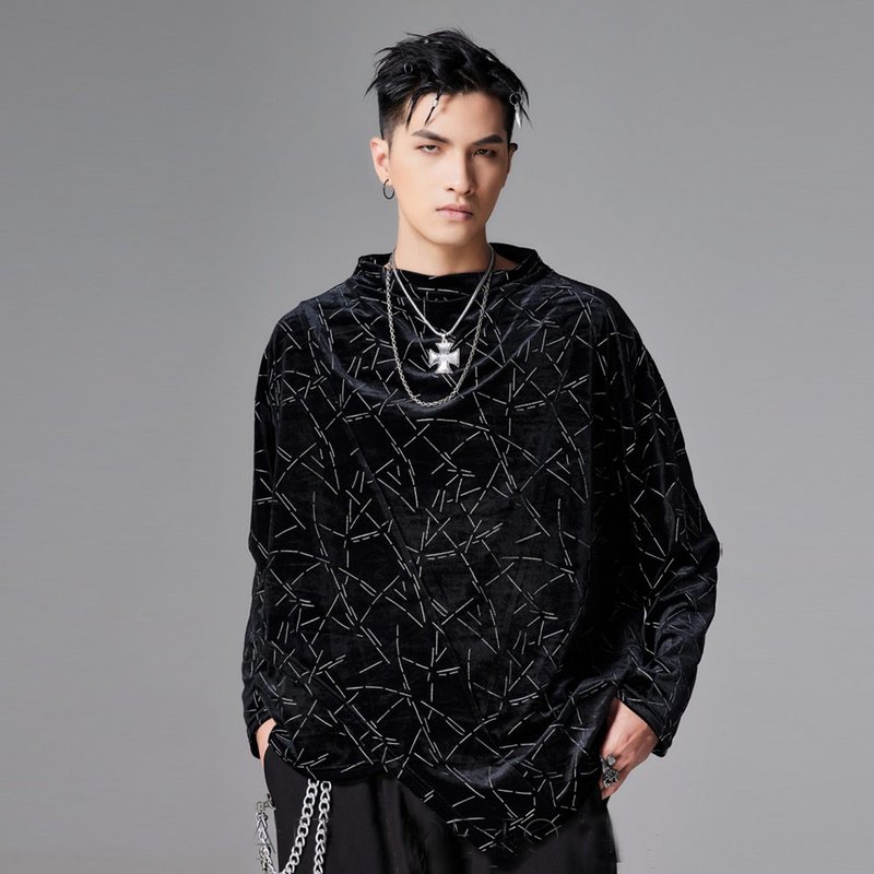 品立裁魂系列男士堆领上衣烫银胶丝绒长袖T恤 - 男装上衣/T 恤 - 聚酯纤维 黑色