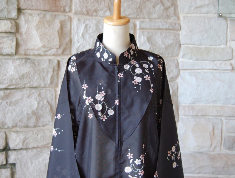 复古经典 黑底樱花 浪漫氛围 和服袖连身裙 和服改造 独一无二 - 洋装/连衣裙 - 聚酯纤维 黑色