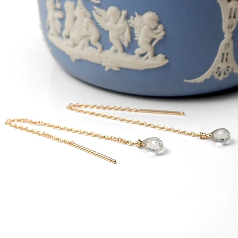 仅此一副 - 天然水滴形透明蓝宝石垂吊式耳针耳环.美国注金14KGF - 耳环/耳夹 - 宝石 透明