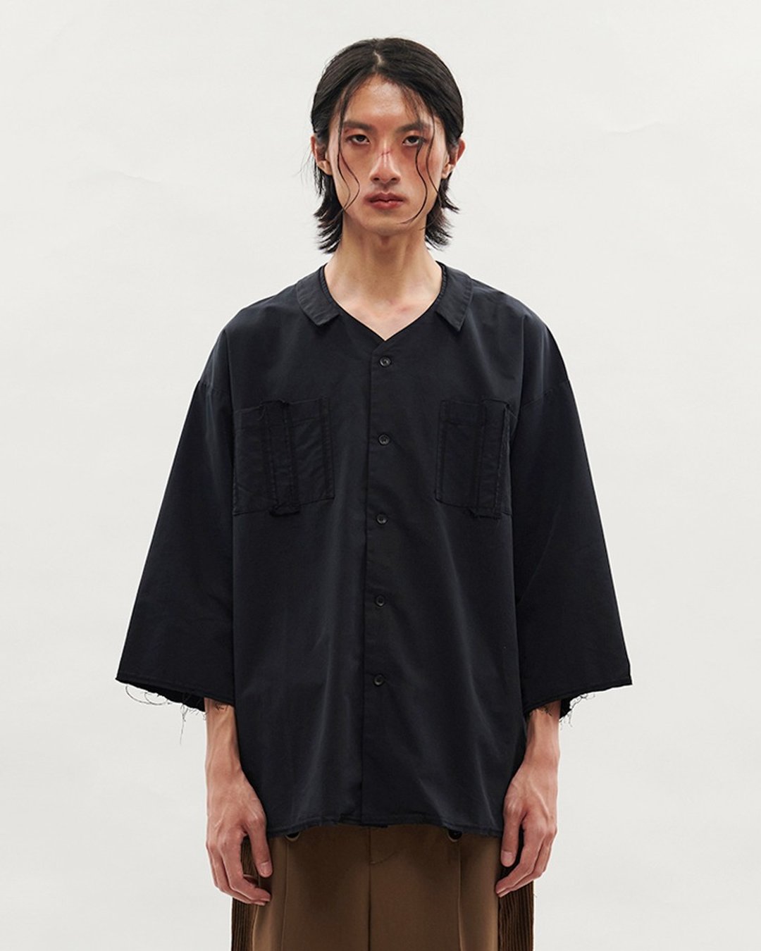 Round Collar Shirt - 男装衬衫 - 棉．麻 黑色