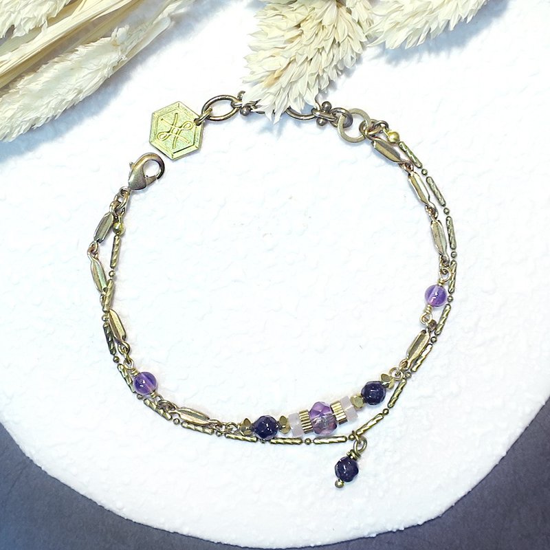 VIIART。紫藤花。紫水晶蓝砂石情侣对链黄铜手链Vintage复古风 - 手链/手环 - 其他金属 紫色