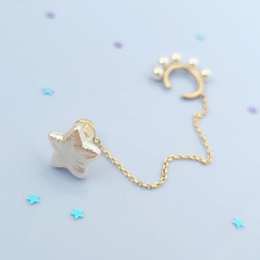 [K10] Star pearl earrings and ear cuff set - 耳环/耳夹 - 其他金属 金色