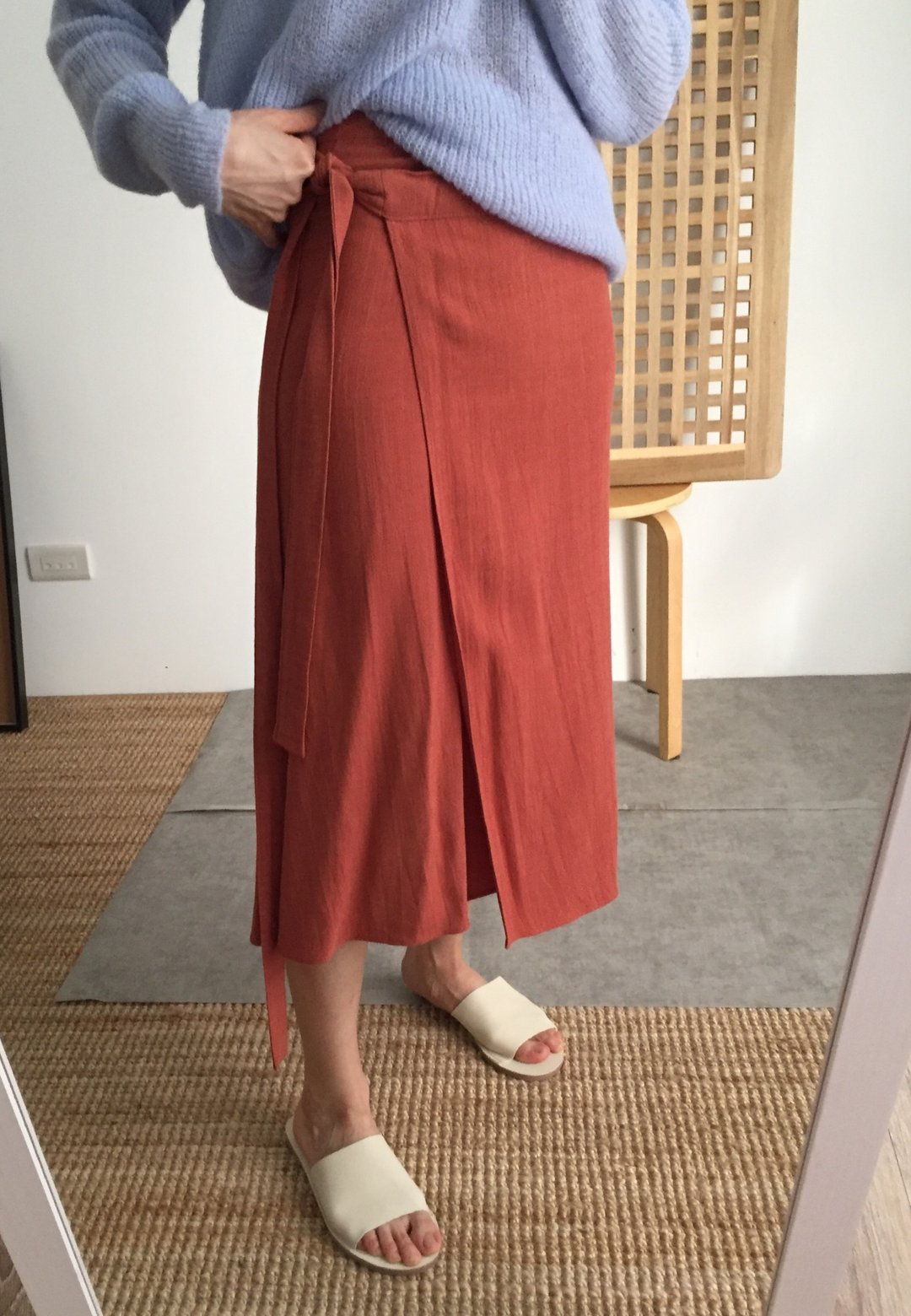 夏日棉麻一片式裹裙 NG品 砖红 S - 洋装/连衣裙 - 棉 黑色