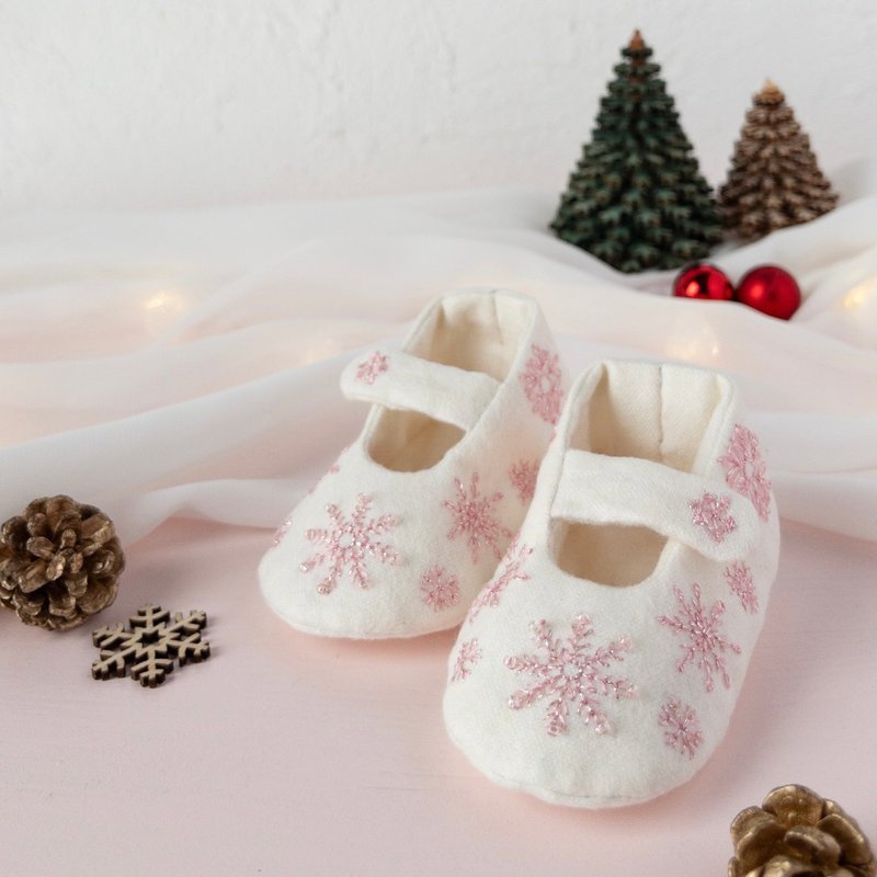 雪花刺绣婴儿鞋米白 - 婴儿鞋 - 棉．麻 白色