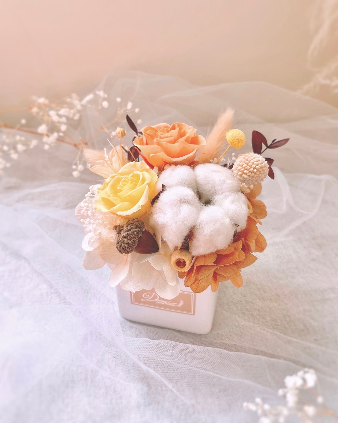 永生花盆花-暖橘黄 l 现货 日本进口永生玫瑰 不凋盆花 开幕盆花 - 干燥花/捧花 - 植物．花 橘色