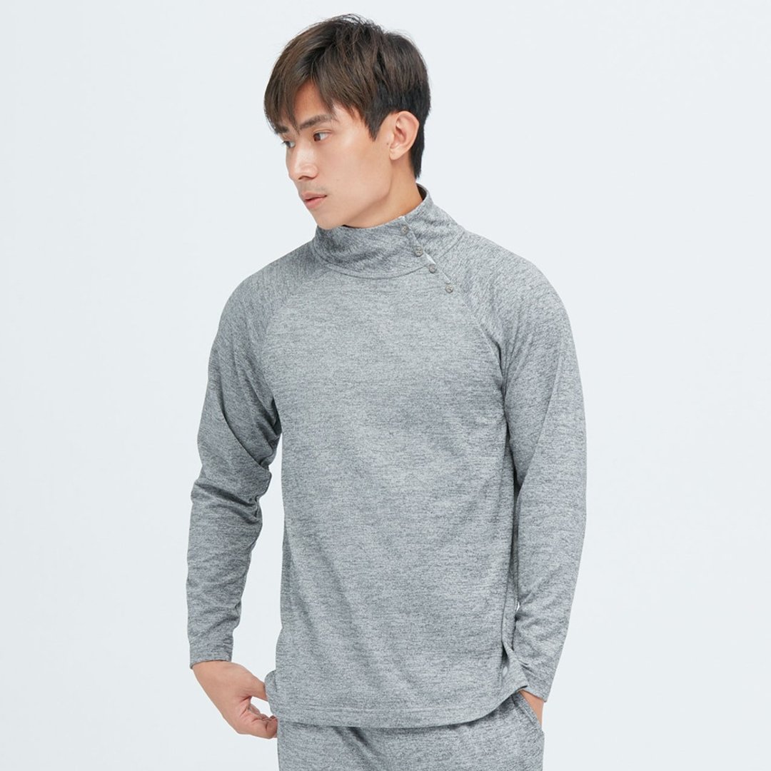 不可退换 /复苏机能斜扣小高领上衣 (男)-花岩灰 - 男装上衣/T 恤 - 聚酯纤维 灰色