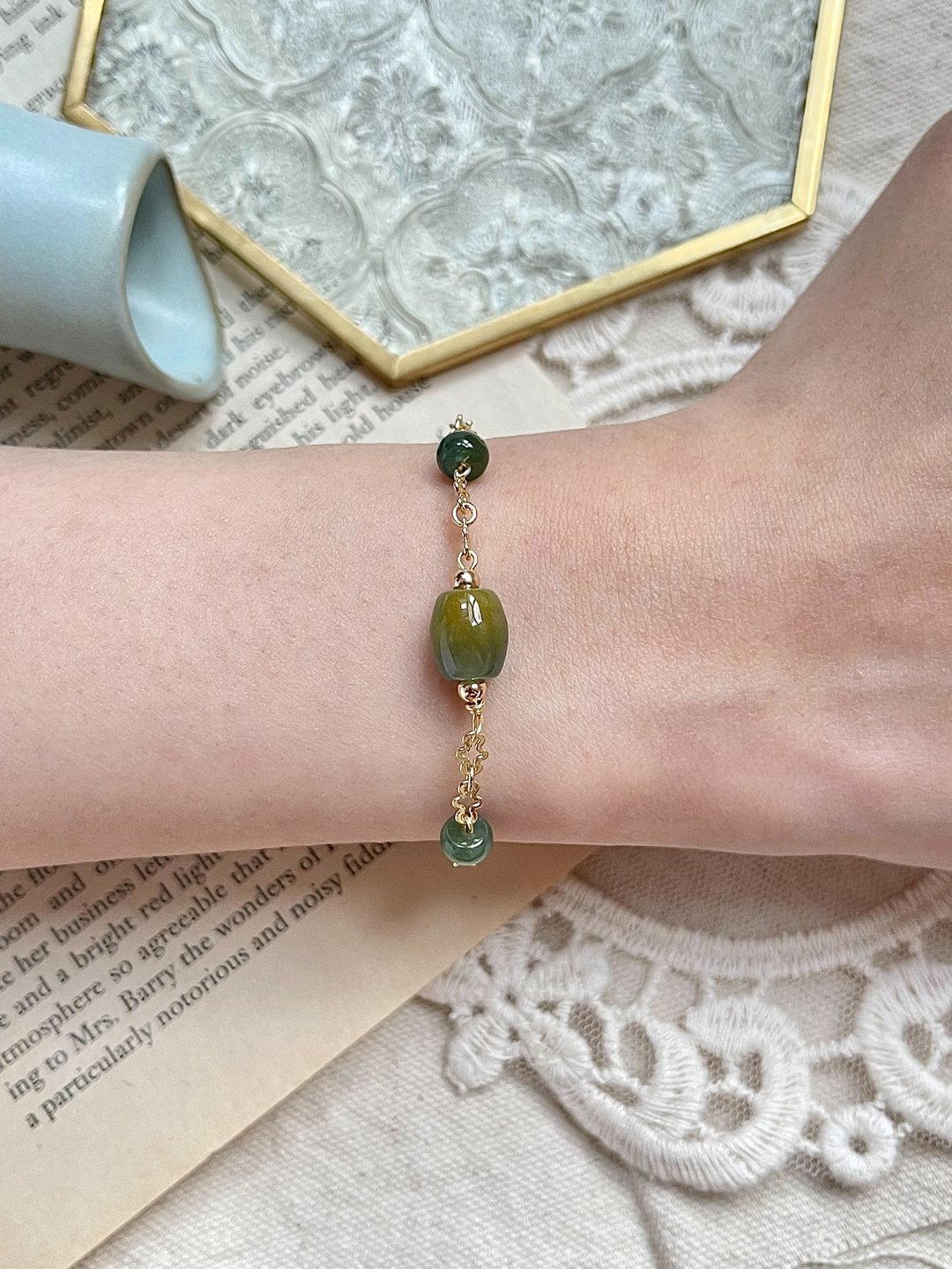 缅甸玉A玉翡翠-蓝水飘蜜糖路路通14K包金手链 礼物 玉 定制 JADE - 手链/手环 - 玉石 金色