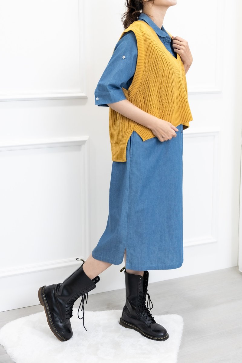 V领短版针织背心 土黄色 - 女装背心 - 其他材质 黄色