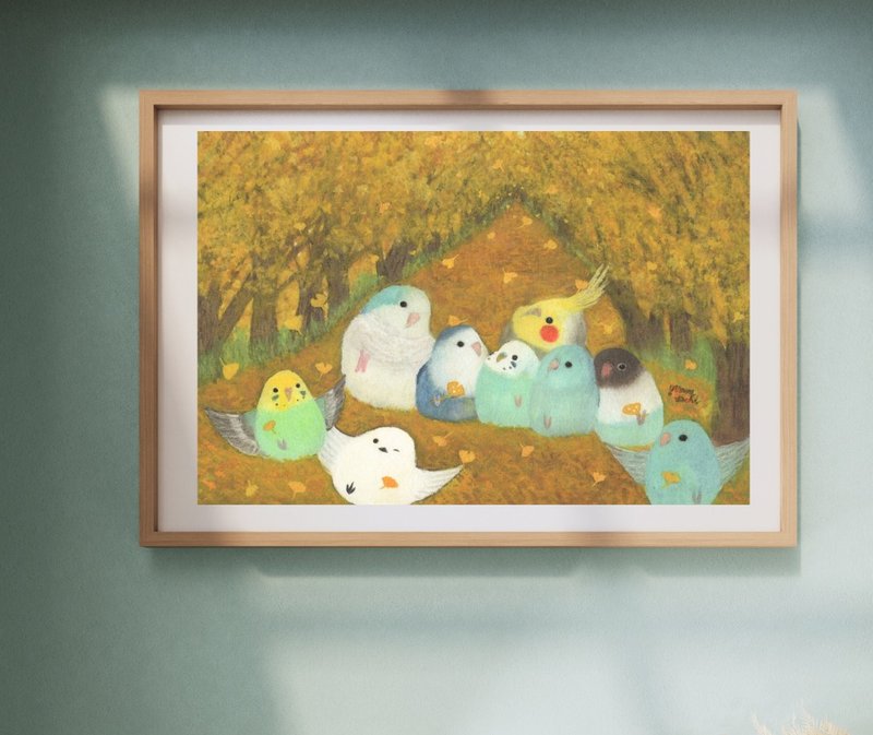 A4 银杏树下 虎皮鹦鹉 麻雀 小鸟雀野鸟 - 海报/装饰画/版画 - 纸 黄色