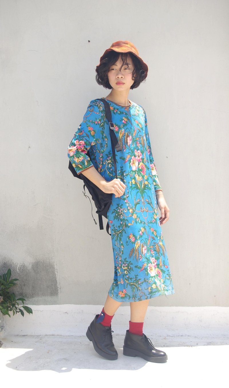 4.5studio-寻宝古着-热带花卉蓝色长版针织洋装 - 洋装/连衣裙 - 其他材质 蓝色