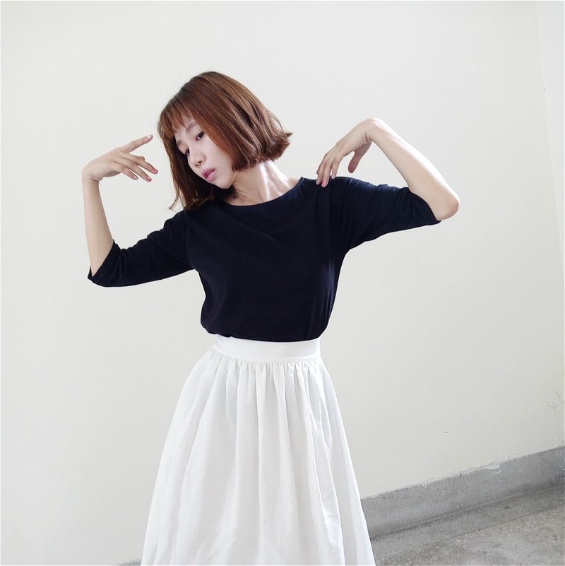 我想记得你 法式船领七分袖女装上衣-黑色 | 100%有机棉 | 气质 时尚 法式 通勤 OL 舒适 修身 女装 上衣 七分袖 五分袖 - 女装上衣 - 棉．麻 黑色