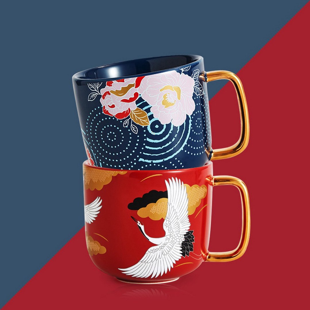 仙鹤描金马克杯 陶瓷咖啡杯 礼物情侣杯子 350ml - 其他杯子 - 瓷 