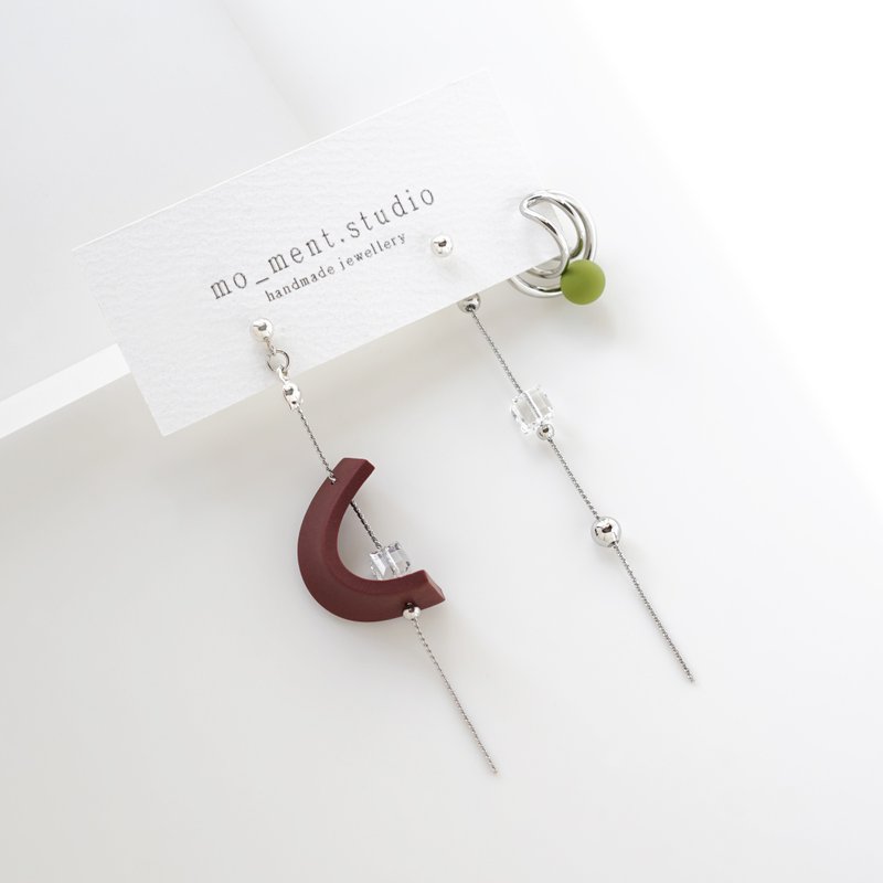 Elsie 原创设计 手工软陶 几何线条 水晶垂坠 耳骨夹 925纯银耳钉 - 耳环/耳夹 - 陶 咖啡色