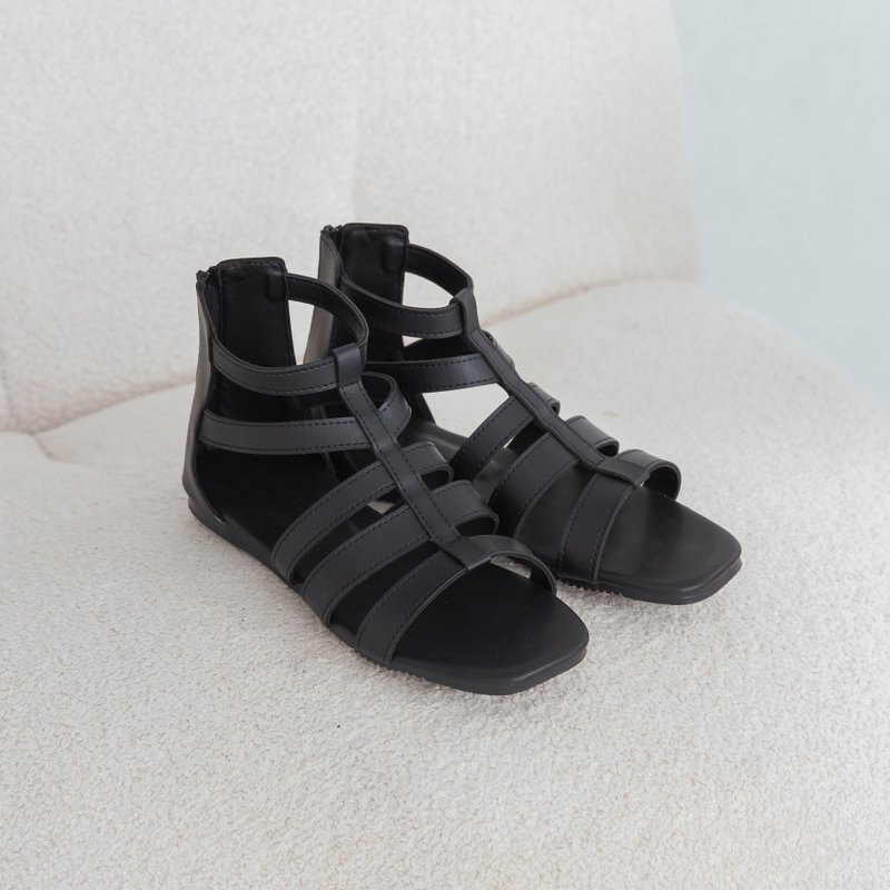 【I called Love】MIT简约编织罗马平底凉鞋 - 男女凉鞋 - 人造皮革 黑色