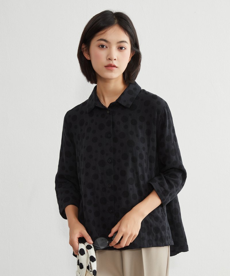 波点双层纱七分袖棉质衬衫 宽松休闲上衣 - 女装衬衫 - 棉．麻 黑色