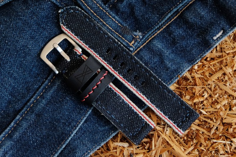 Denim red selvage watch strap, red line, denim fabric outside watch strap - 表带 - 真皮 