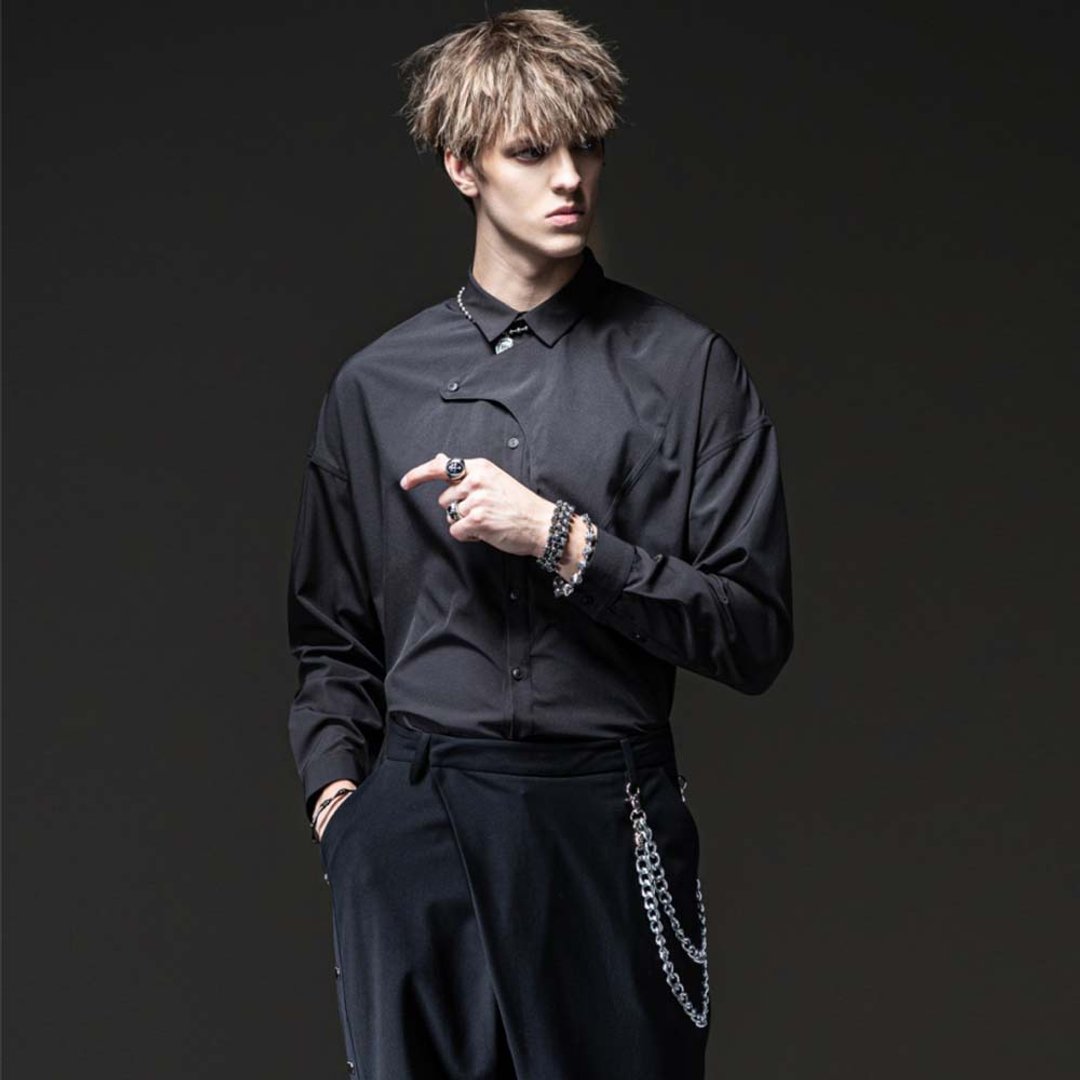 PINLI品立夜闪耀新款男装夜店方领长袖衬衫 - 男装衬衫 - 其他材质 黑色
