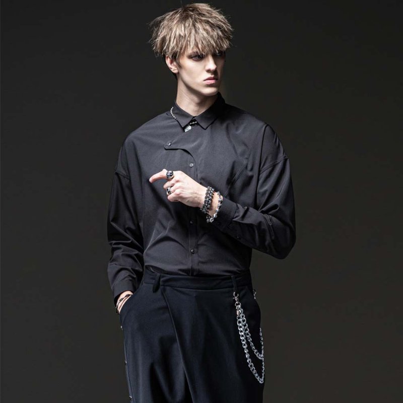 PINLI品立夜闪耀新款男装夜店方领长袖衬衫 - 男装衬衫 - 其他材质 黑色