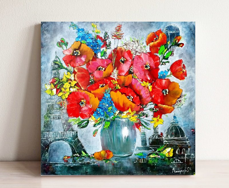 罂粟画花原创艺术花卉墙艺术粉红色牡丹插在花瓶中 24x24 英寸 - 墙贴/壁贴 - 其他材质 红色