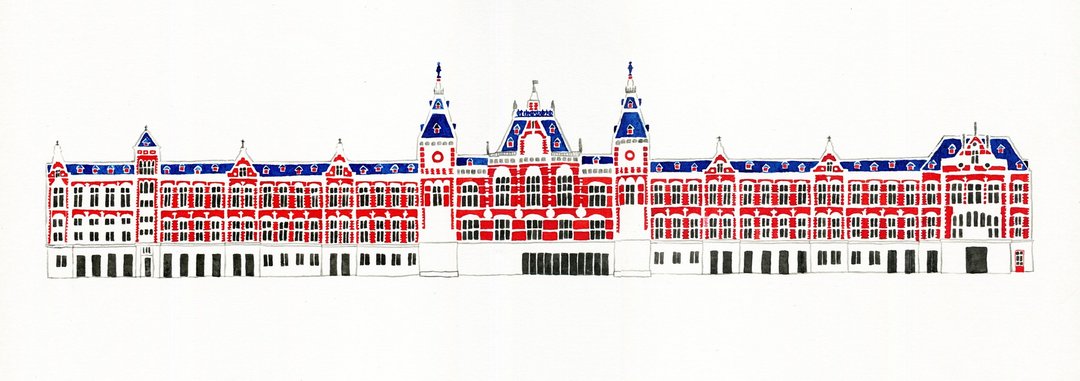 Amsterdam Centraal 阿姆斯特丹中央车站 原稿手绘画 含框 - 订制画像 - 纸 
